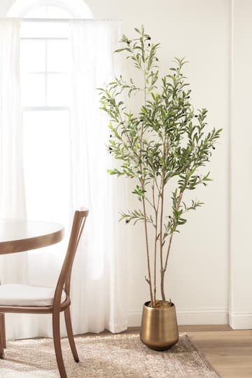 Kate and Laurel 7ft. Green Oliveira Faux Olive Tree in Gold Planter
